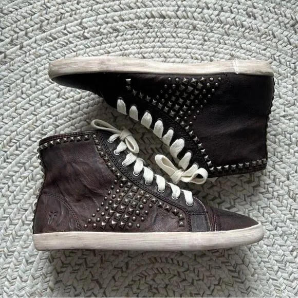[5.5] Frye Kira Studded Brown Leather Hi-Top Sneaker Shoes Leather Treated Women