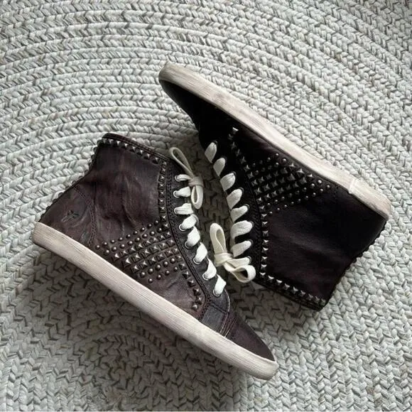 [5.5] Frye Kira Studded Brown Leather Hi-Top Sneaker Shoes Leather Treated Women