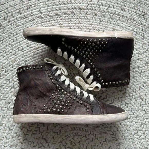 [5.5] Frye Kira Studded Brown Leather Hi-Top Sneaker Shoes Leather Treated Women