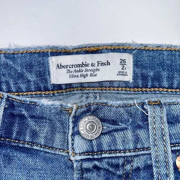 Abercrombie Ankle Straight Ultra High Rise Jeans Distressed Blue Denim Womens 26