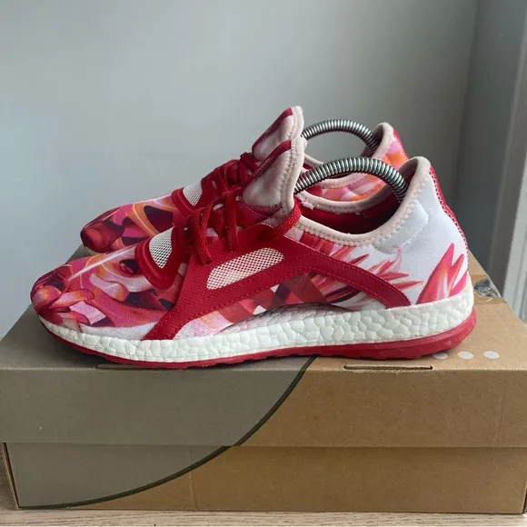 ADIDAS Pure Boost X Power Red Pink White Floral Running Shoes Womens - Size 8.5