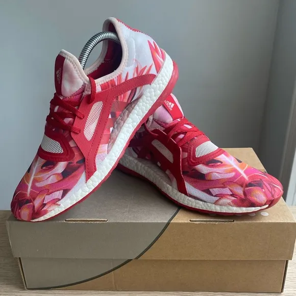 ADIDAS Pure Boost X Power Red Pink White Floral Running Shoes Womens - Size 8.5