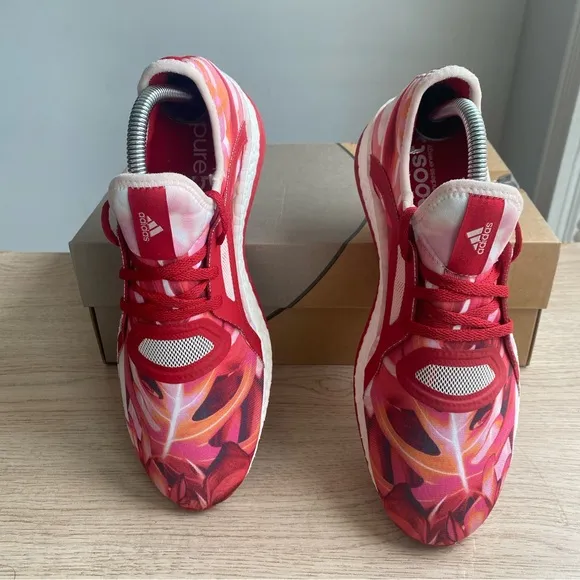 ADIDAS Pure Boost X Power Red Pink White Floral Running Shoes Womens - Size 8.5