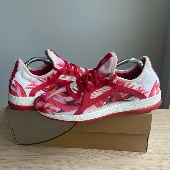 ADIDAS Pure Boost X Power Red Pink White Floral Running Shoes Womens - Size 8.5