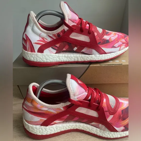 ADIDAS Pure Boost X Power Red Pink White Floral Running Shoes Womens - Size 8.5
