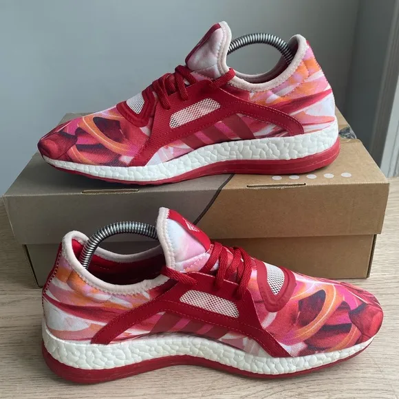 ADIDAS Pure Boost X Power Red Pink White Floral Running Shoes Womens - Size 8.5