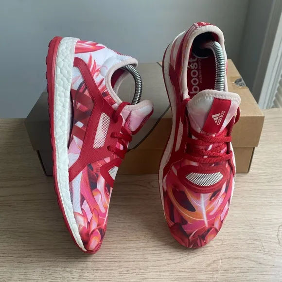 ADIDAS Pure Boost X Power Red Pink White Floral Running Shoes Womens - Size 8.5