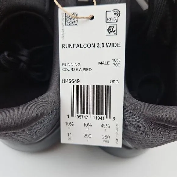 Adidas RunFalcon‎ 3.0 Wide Running Shoes HP6649 All Black Men's Size 11 4E