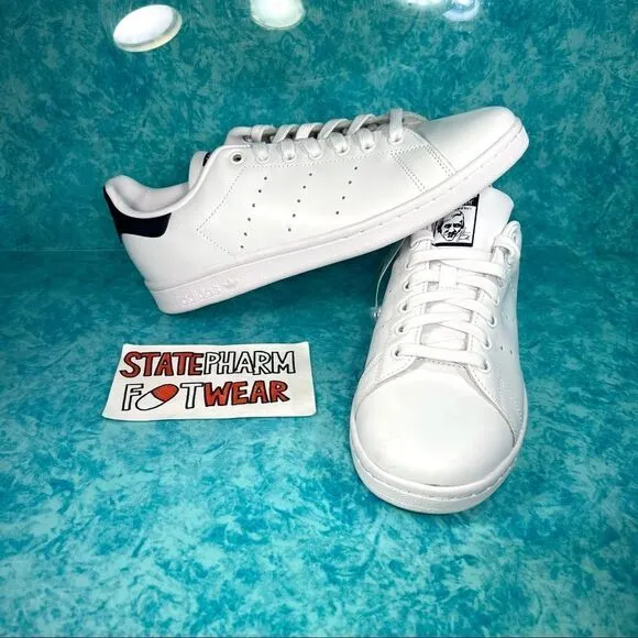 Adidas Stan Smith Core White Navy Leather Low Top Shoes Size 8