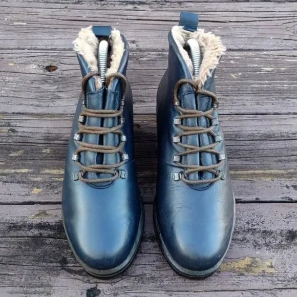 ARCUS LADIES BLUE LEATHER LACE UP ANKLE BOOTS W/FUR LINING