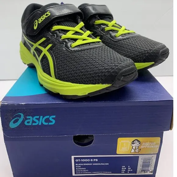 ASICS GT-1000 PS Size 3 Youth Black/Green Mesh Athletic Shoes New