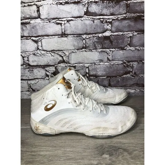 ASICS JB Elite White Synthetic Suede Gold Lace Wrestling Boxing Shoes Men 10M US