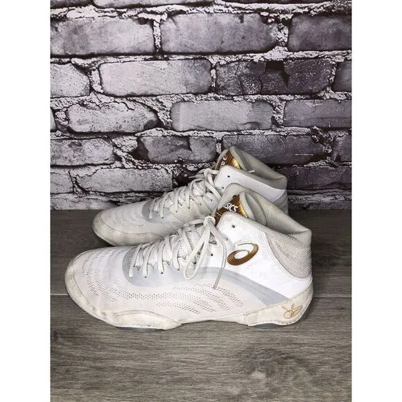 ASICS JB Elite White Synthetic Suede Gold Lace Wrestling Boxing Shoes Men 10M US