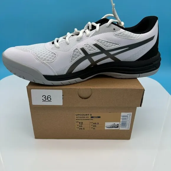 Asics Men's Upcourt 5 Volleyball Pickleball Shoes, Size 12, White/Gunmetal