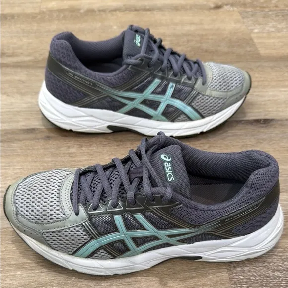 Asics Size 8 Gray and Green Athletic Shoes with Gel-Contend Cushioning