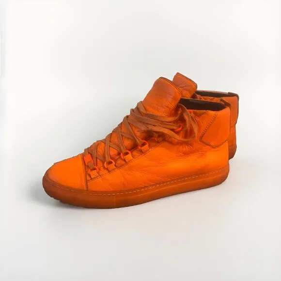 BALENCIAGA Arena Leather High-Top Sneakers Shoes Orange