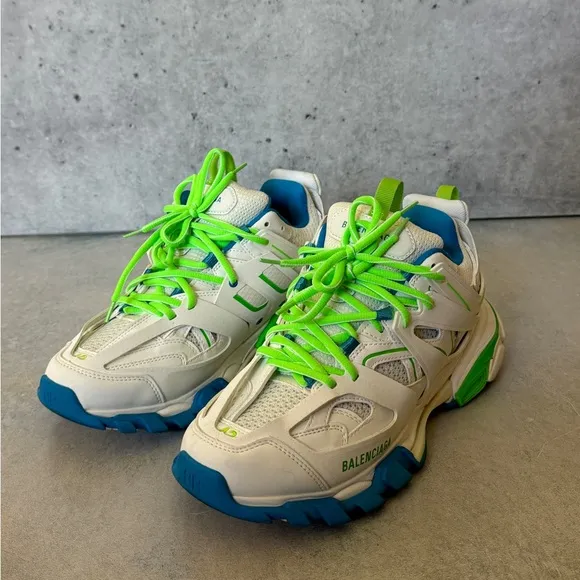 Balenciaga Track Trainer Low Top Sneakers White Blue Lime Green US 8-9