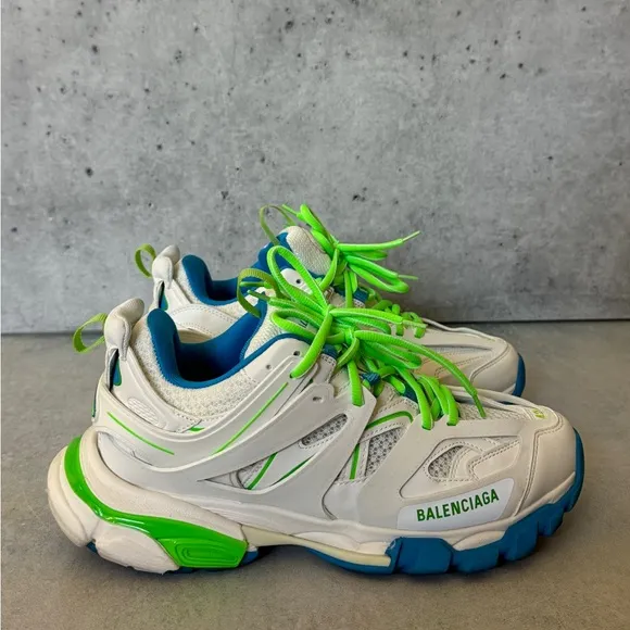 Balenciaga Track Trainer Low Top Sneakers White Blue Lime Green US 8-9