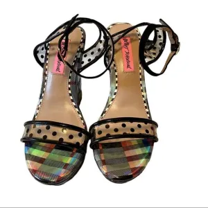 Betsey Johnson Glittery Black Polka Dot &amp; Clear Acrylic Wedge Sandal in Sz 6.5