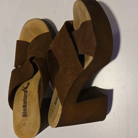 BIONATURA Brown Criss Cross Wide Strap Platform Leather Sandals Summer Shoes