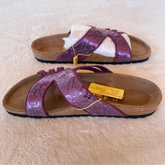 BIRKENSTOCK PURPLE LEATHER STRAPPY EMBOSSED SLIDE SANDALS SIZE 10 NWT