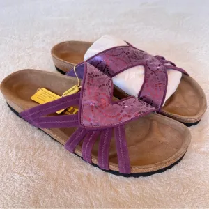 BIRKENSTOCK PURPLE LEATHER STRAPPY EMBOSSED SLIDE SANDALS SIZE 10 NWT