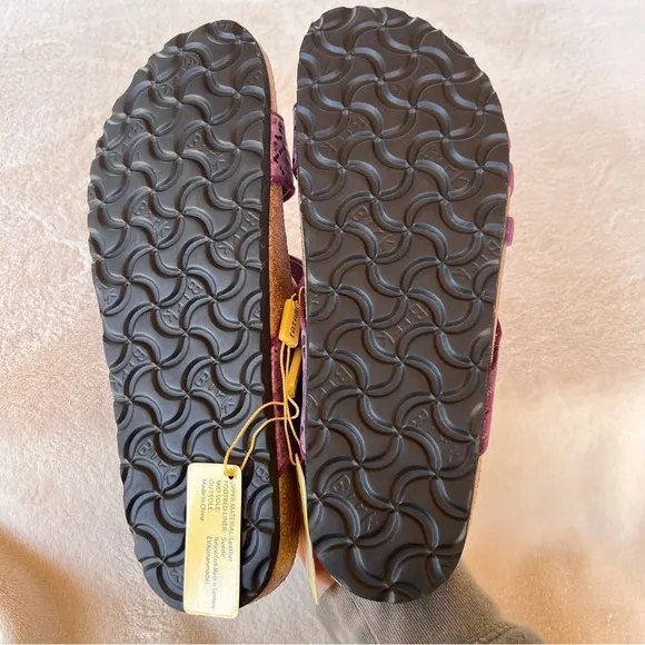 BIRKENSTOCK PURPLE LEATHER STRAPPY EMBOSSED SLIDE SANDALS SIZE 10 NWT