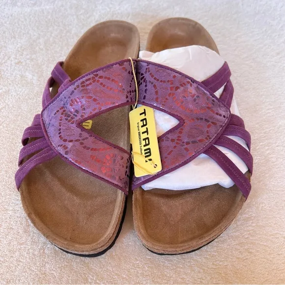 BIRKENSTOCK PURPLE LEATHER STRAPPY EMBOSSED SLIDE SANDALS SIZE 10 NWT