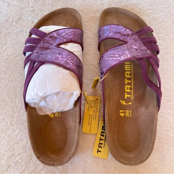 BIRKENSTOCK PURPLE LEATHER STRAPPY EMBOSSED SLIDE SANDALS SIZE 10 NWT