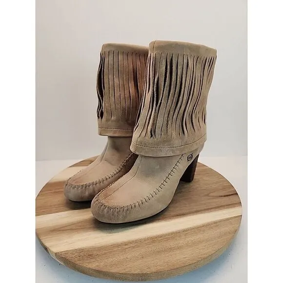 Born  Banbury Fringe Moc Bootie Women's Size 6 Tan Nubuck Heeled W02016