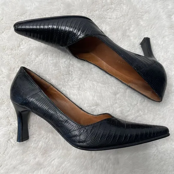 Briganti Women's Black Pointed Lizard Print Leather Heels Pumps Shoes Size 6