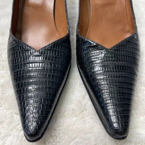 Briganti Women's Black Pointed Lizard Print Leather Heels Pumps Shoes Size 6