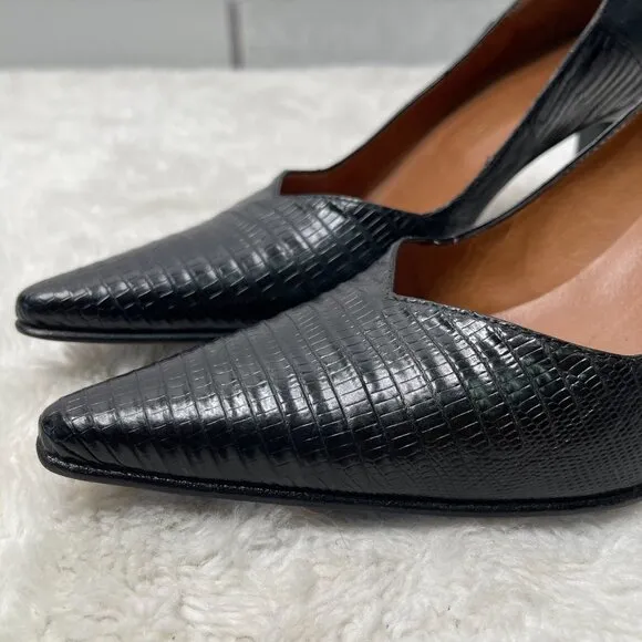 Briganti Women's Black Pointed Lizard Print Leather Heels Pumps Shoes Size 6