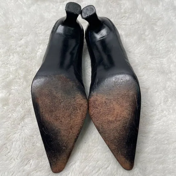 Briganti Women's Black Pointed Lizard Print Leather Heels Pumps Shoes Size 6