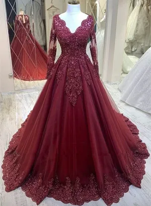 Burgundy V-neckline Tulle Long Sleeves with Lace Prom Dress, Burgundy Wedding Party Dress
