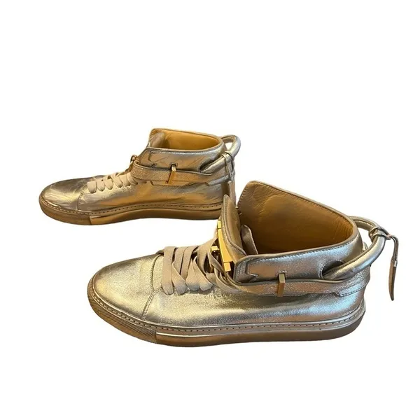 BUSCEMI 100MM Gold Leather High Top Sneakers with Lock Men’s Size 10​​​​…