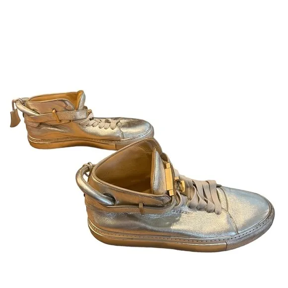 BUSCEMI 100MM Gold Leather High Top Sneakers with Lock Men’s Size 10​​​​…