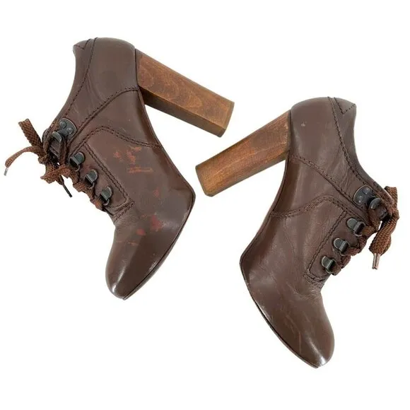 CHLOE Brown Leather Lace Up Oxford Heels Size 36.5 Granny Booties Steampunk