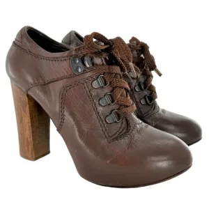 CHLOE Brown Leather Lace Up Oxford Heels Size 36.5 Granny Booties Steampunk