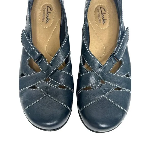 Clarks Bendables Ashland Navy Blue Leather Slip-On Flats Comfort Shoes Size 8