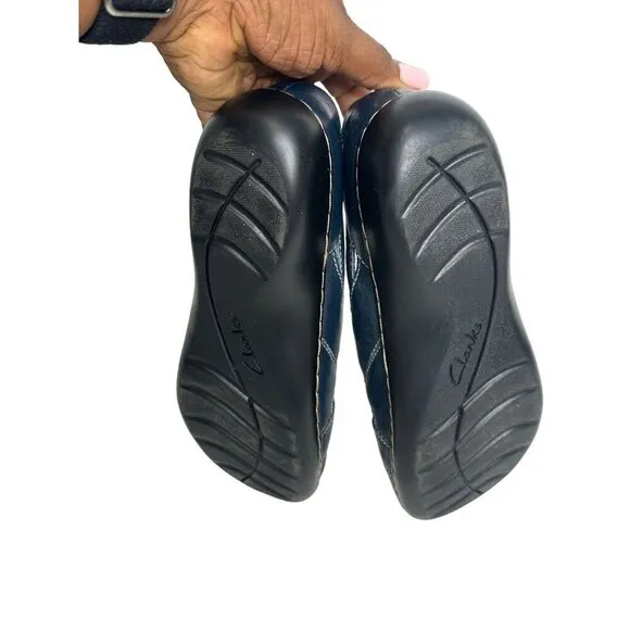 Clarks Bendables Ashland Navy Blue Leather Slip-On Flats Comfort Shoes Size 8