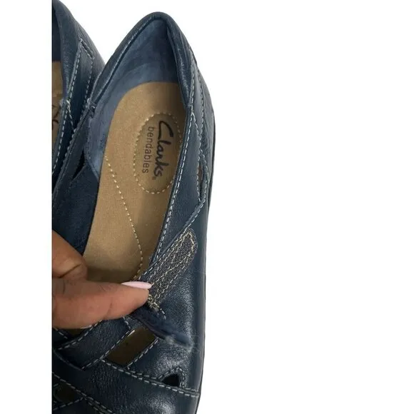 Clarks Bendables Ashland Navy Blue Leather Slip-On Flats Comfort Shoes Size 8