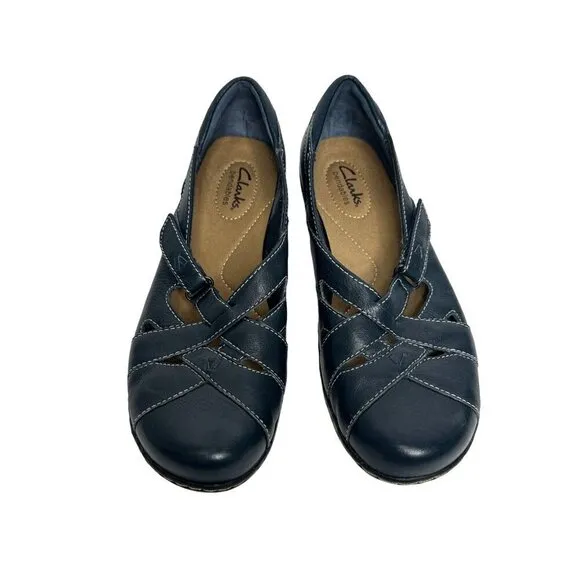 Clarks Bendables Ashland Navy Blue Leather Slip-On Flats Comfort Shoes Size 8