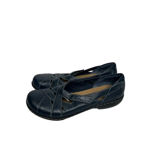 Clarks Bendables Ashland Navy Blue Leather Slip-On Flats Comfort Shoes Size 8