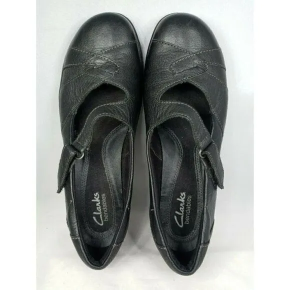CLARKS BENDABLES WOMENS 7M MARY JANE SLIP ON COMFORT SHOES‎ BLACK LEATHER