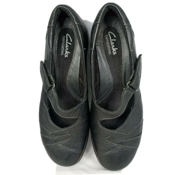 CLARKS BENDABLES WOMENS 7M MARY JANE SLIP ON COMFORT SHOES‎ BLACK LEATHER