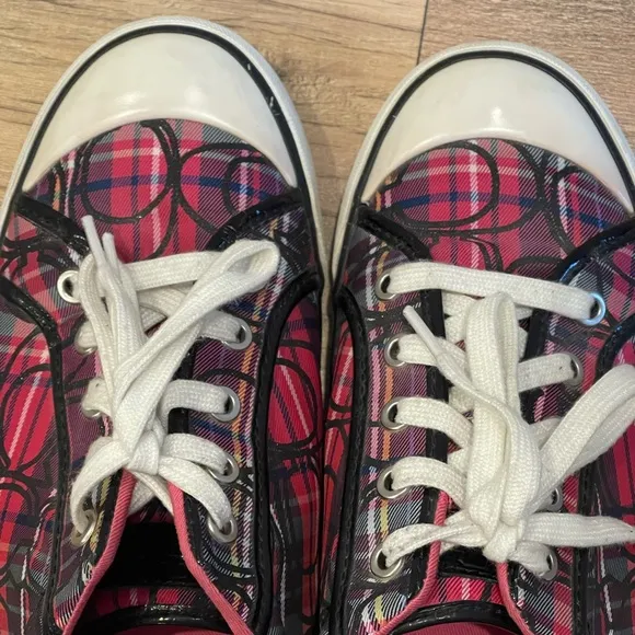 Coach Women's Pink Plaid Black Patent Leather Barrett Sneakers Size 10B