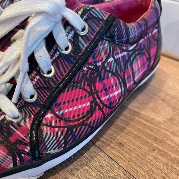 Coach Women's Pink Plaid Black Patent Leather Barrett Sneakers Size 10B