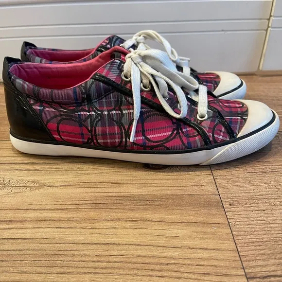 Coach Women's Pink Plaid Black Patent Leather Barrett Sneakers Size 10B