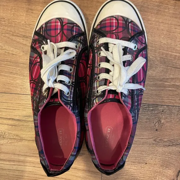 Coach Women's Pink Plaid Black Patent Leather Barrett Sneakers Size 10B